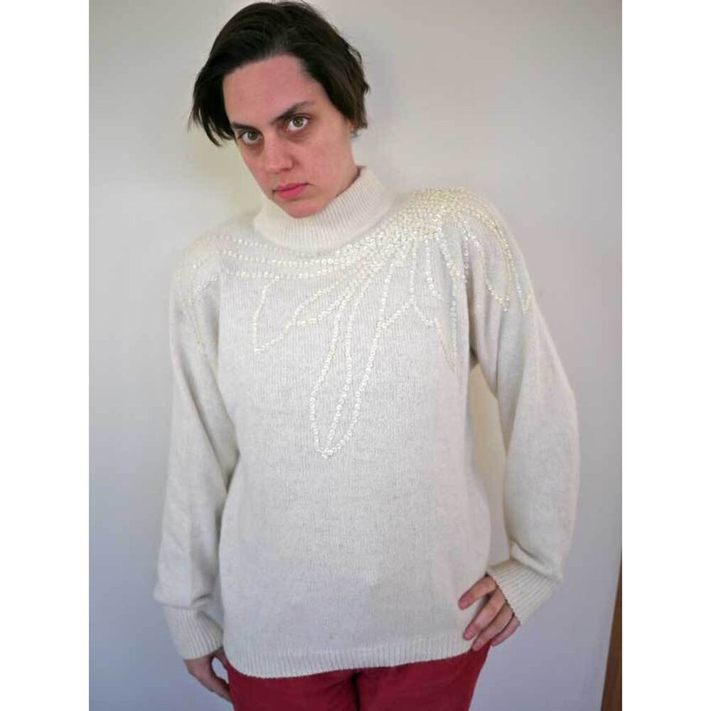 Vintage 80s Silk Angora Wool White Sparkle Sequins Turtle Neck Sweater L
